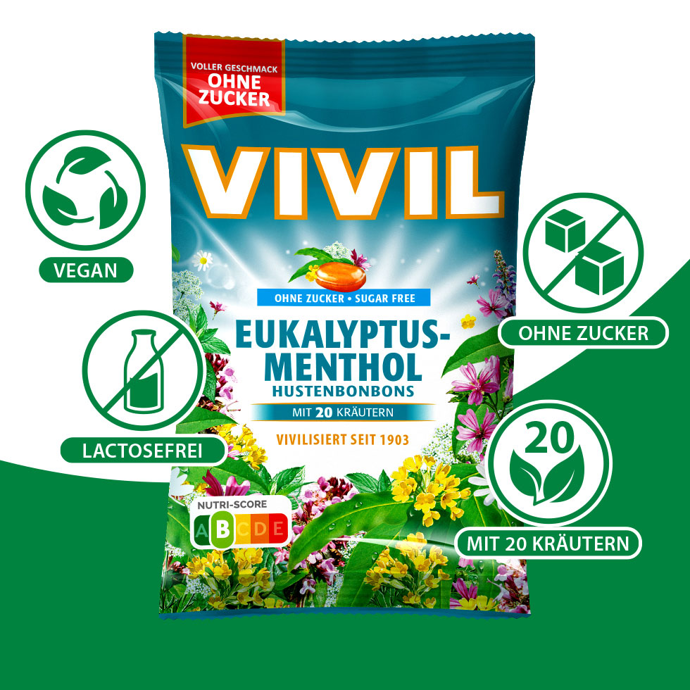 VIVIL Eukalyptus-Menthol Hustenbonbons ohne Zucker | 120g