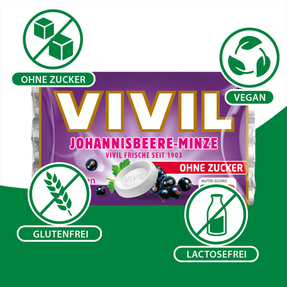 VIVIL Johannisbeere-Minze Pastillen ohne Zucker | 3er Pack