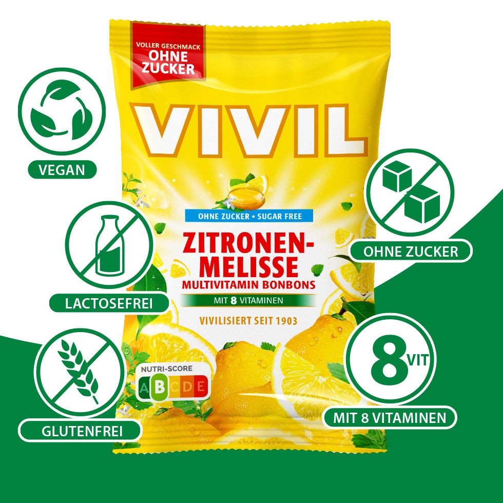 VIVIL Zitronenmelisse Multivitaminbonbons ohne Zucker | 120g