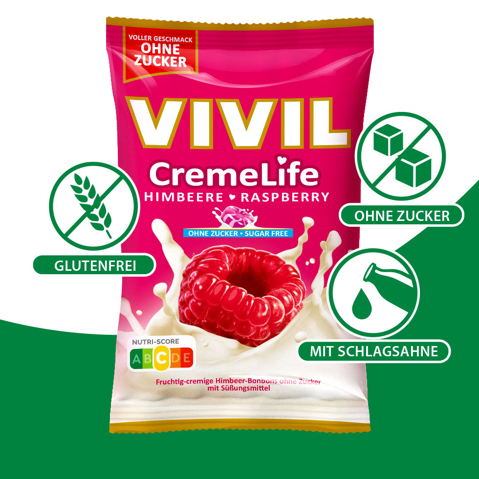 VIVIL Creme Life Himbeere Sahnebonbons ohne Zucker | 90g