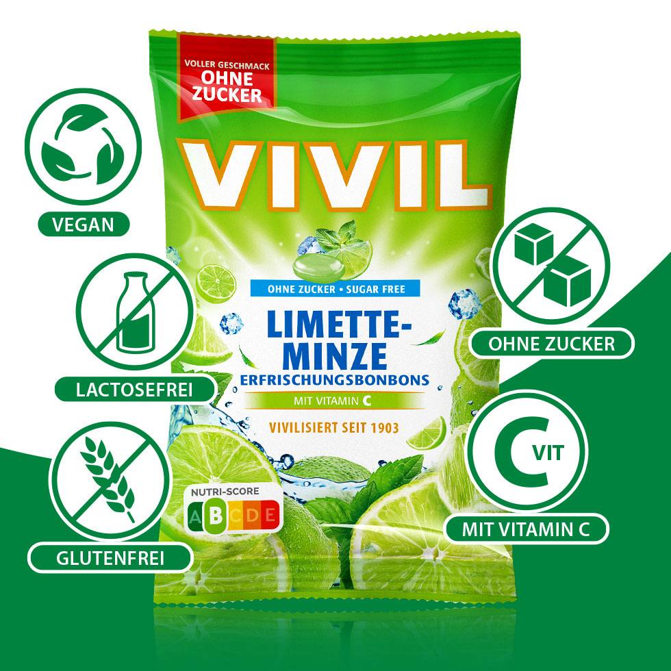 VIVIL Limette-Minze Erfrischungsbonbons ohne Zucker | 120g