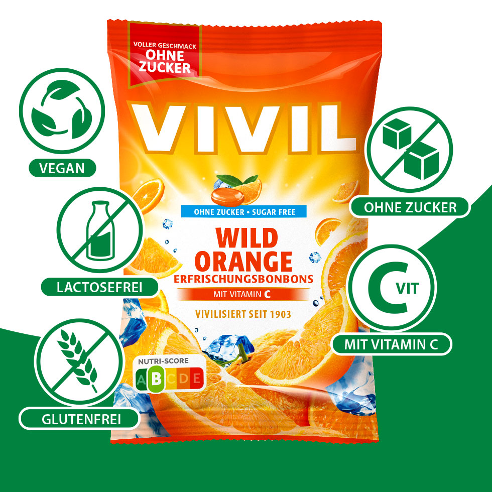 VIVIL Wild Orange Erfrischungsbonbons ohne Zucker | 120g