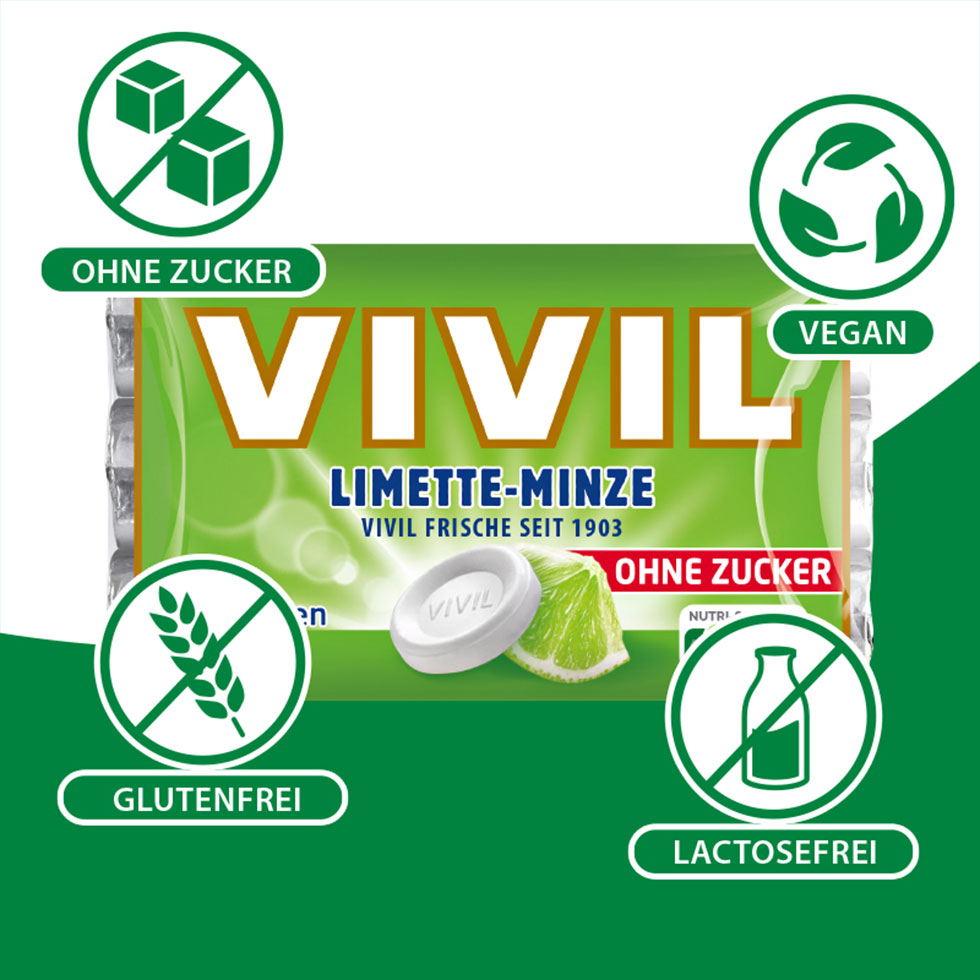 VIVIL Limette-Minze Pastillen ohne Zucker | 3er Pack