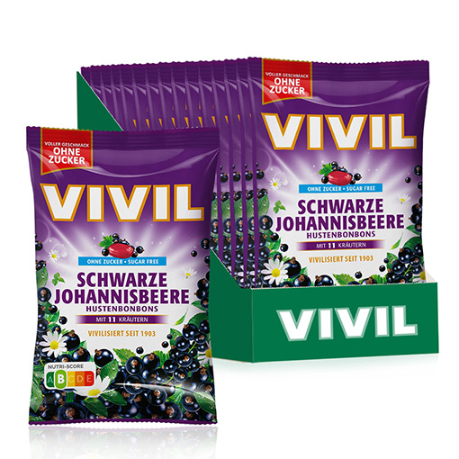 VIVIL Schwarze Johannisbeere Hustenbonbons ohne Zucker | 15 Beutel