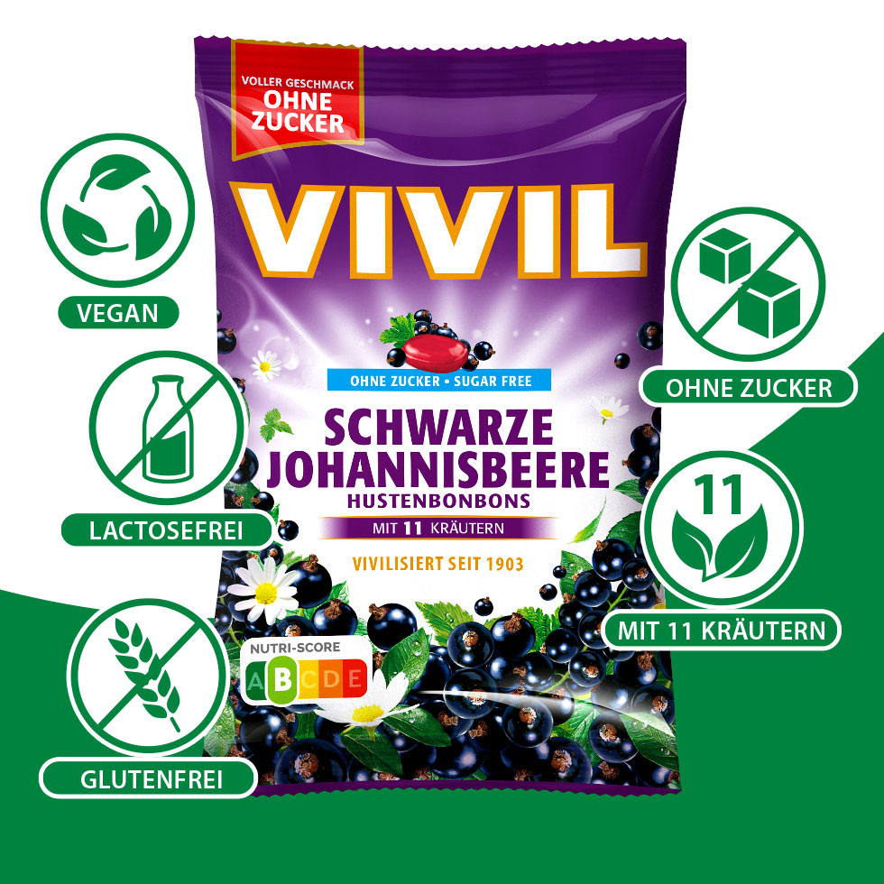 VIVIL Schwarze Johannisbeere Hustenbonbons ohne Zucker | 120g