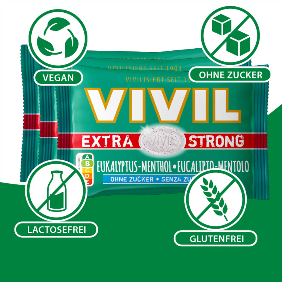 VIVIL Extra Strong Eukalyptus-Menthol ohne Zucker | 3er Pack