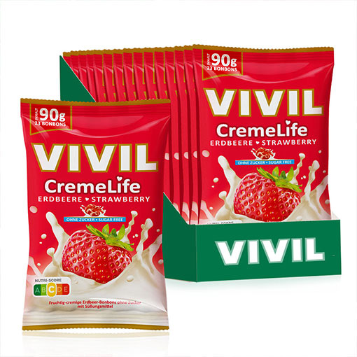 VIVIL Creme Life Erdbeere Sahnebonbons ohne Zucker | 15 Beutel