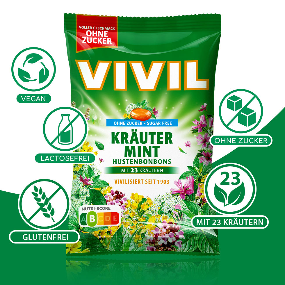 VIVIL Kräuter-Mint Hustenbonbons ohne Zucker | 120g