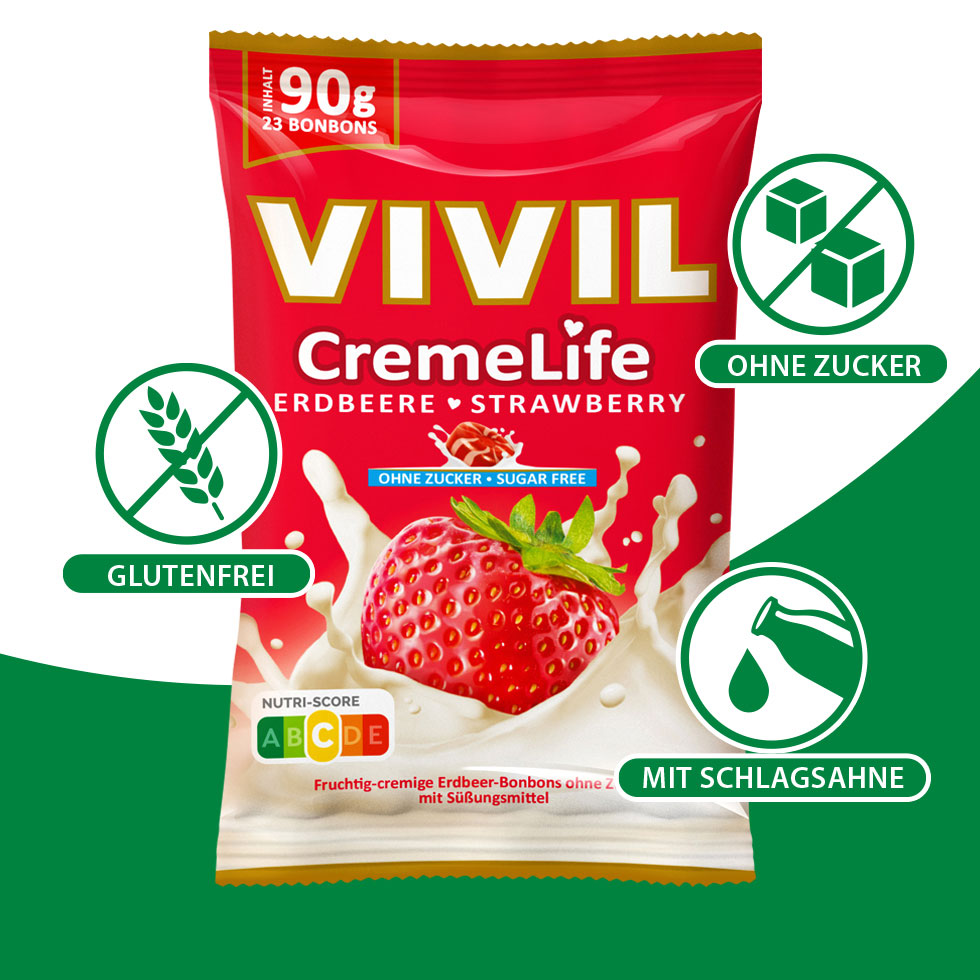 VIVIL Creme Life Erdbeere Sahnebonbons ohne Zucker | 90g