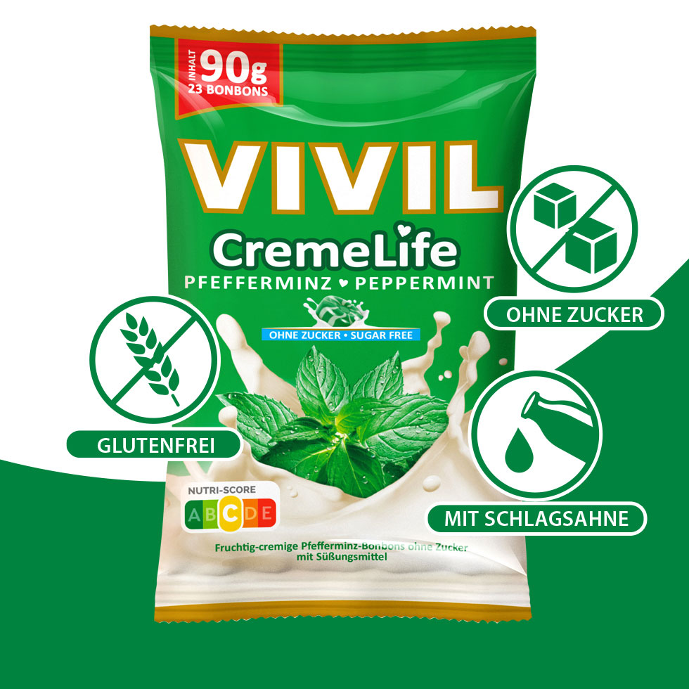 VIVIL Creme Life Pfefferminz Sahnebonbons ohne Zucker | 90g