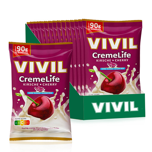 VIVIL Creme Life Kirsche Sahnebonbons ohne Zucker | 15 Beutel